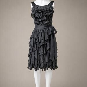BCBG Paris Y2K Ruffle Cocktail Dress Black Sleeveless Tie Waist Vintage- Sz 4